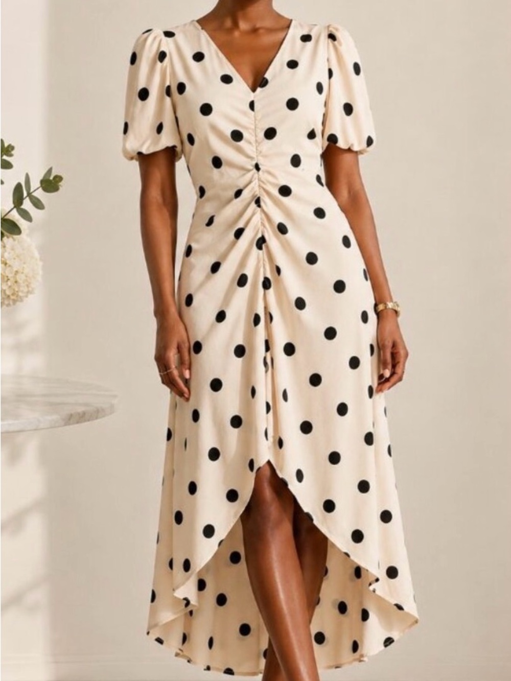 a new day Cream and Black Polka Dot High-Low V-Neck Dress